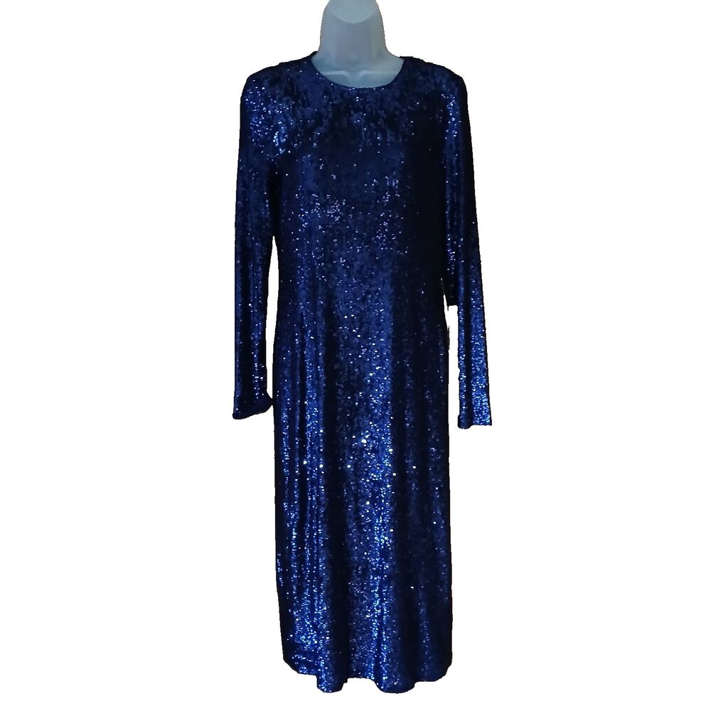 Tory Burch Sequin Dress Navy Size S/P Long Sleeve Midi Length Knit